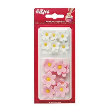Spiselig kakedekor margeritter, rosa og hvit - 14 stk