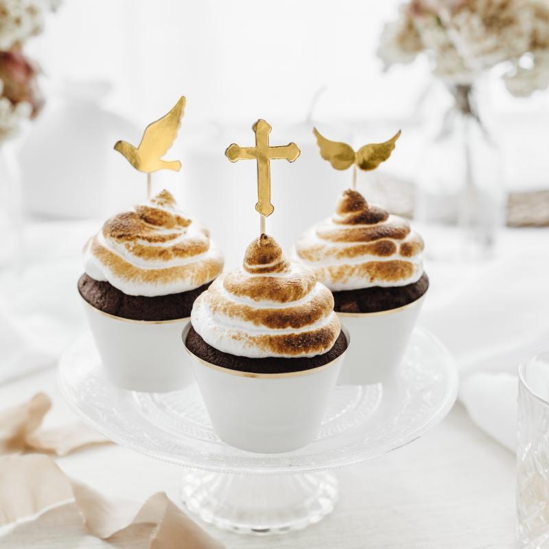 Cupcakepynt duer og kors, gull - 6 stk