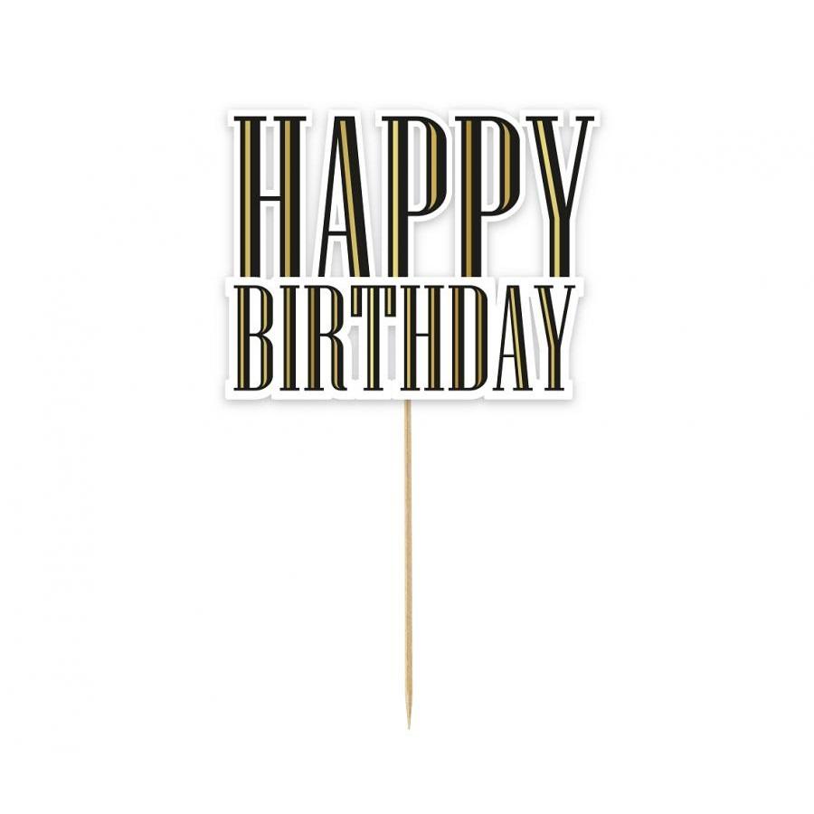 Kakepynt, gull og svart - Happy birthday