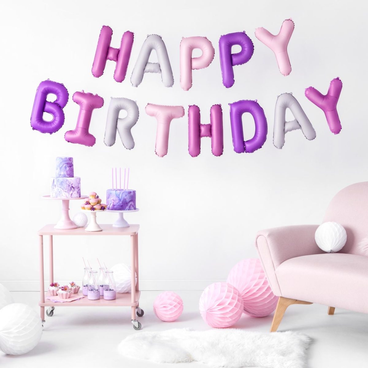 Ballongbanner, happy birthday - matt rosa og lilla