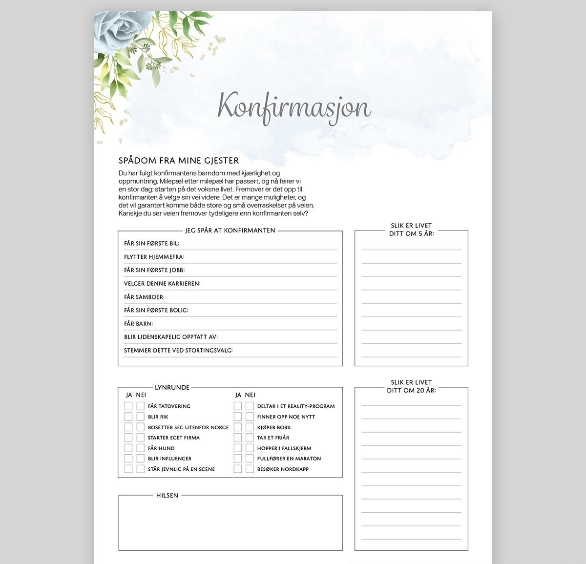Spådomsark om konfirmanten, blå blomst - 20 stk
