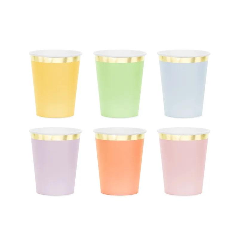 Pappkopper, pastellmiks med gullkant – 6 stk