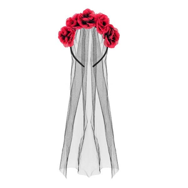 Hårbøyle - svart slør og røde blomster