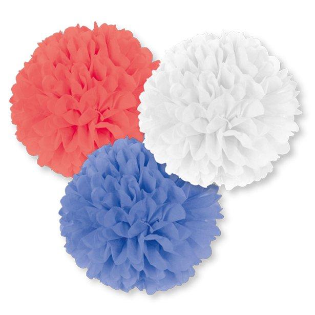 Pompoms, rødt, hvit og blått - 3 stk