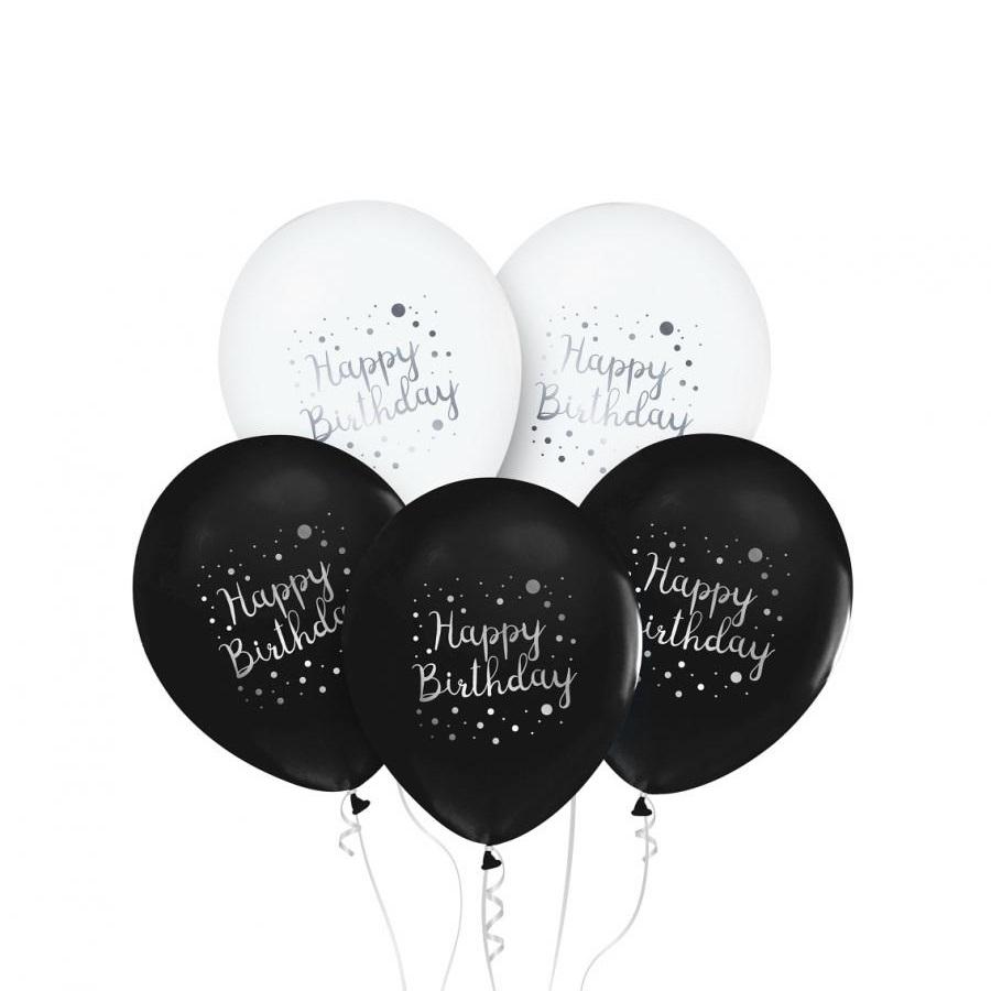 Ballonger, bursdag svart og hvit - 5 stk