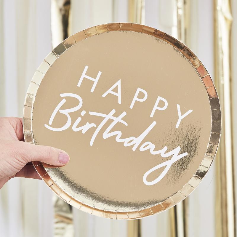 Papptallerkener gull, happy birthday - 8 stk