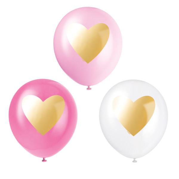 Ballonger, rosa og hvit med gullhjerte - 6 stk