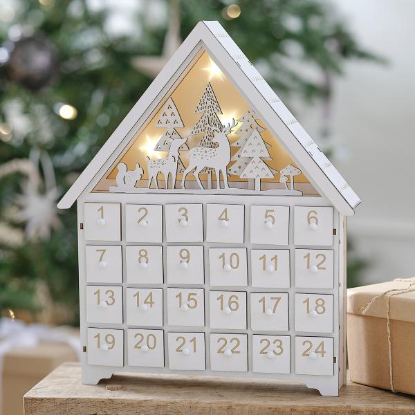 Adventskalender, Trehus med lys og skuffer - fyll selv