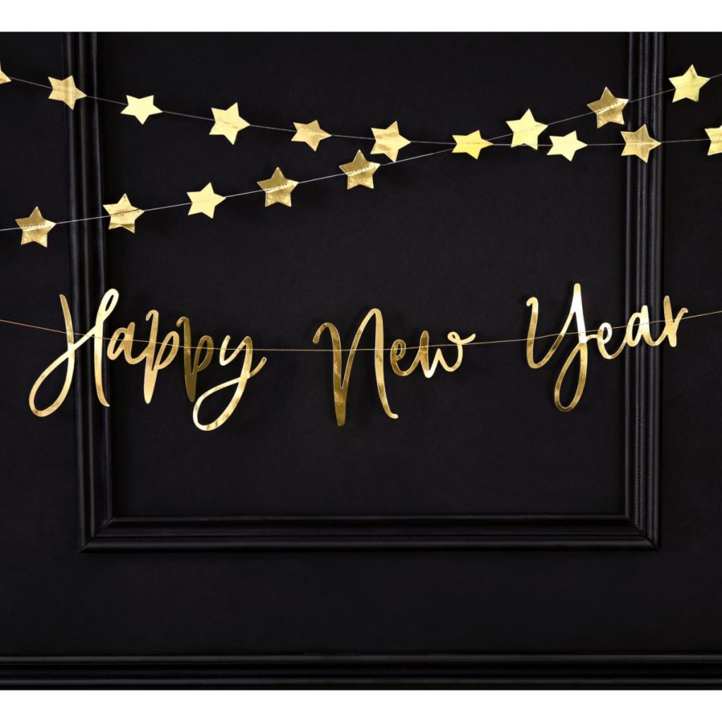 Banner, Happy New Year, løkkeskrift - gull
