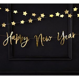 Banner, Happy New Year, løkkeskrift - gull