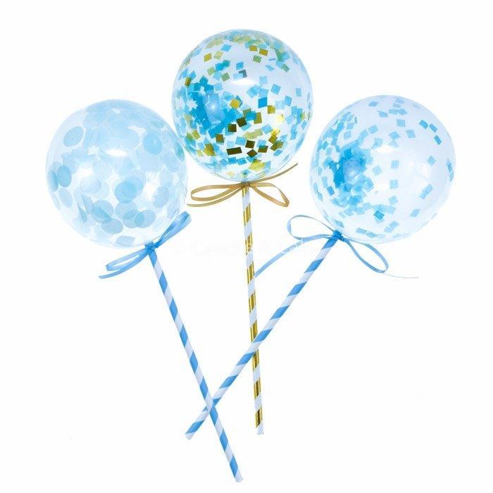 Kakepynt, miniballonger - konfetti lys blå og gull