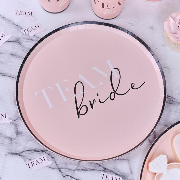 Papptallerkener blush og svart, Team bride - 8 stk