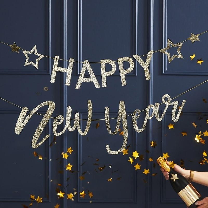 Banner, gullglitter -  HAPPY NEW YEAR