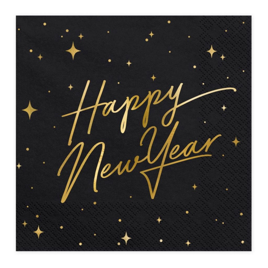 Servietter Happy New Year, gull og svart – 20 stk