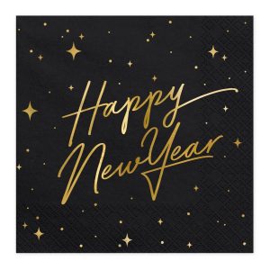 Servietter Happy New Year, gull og svart – 20 stk
