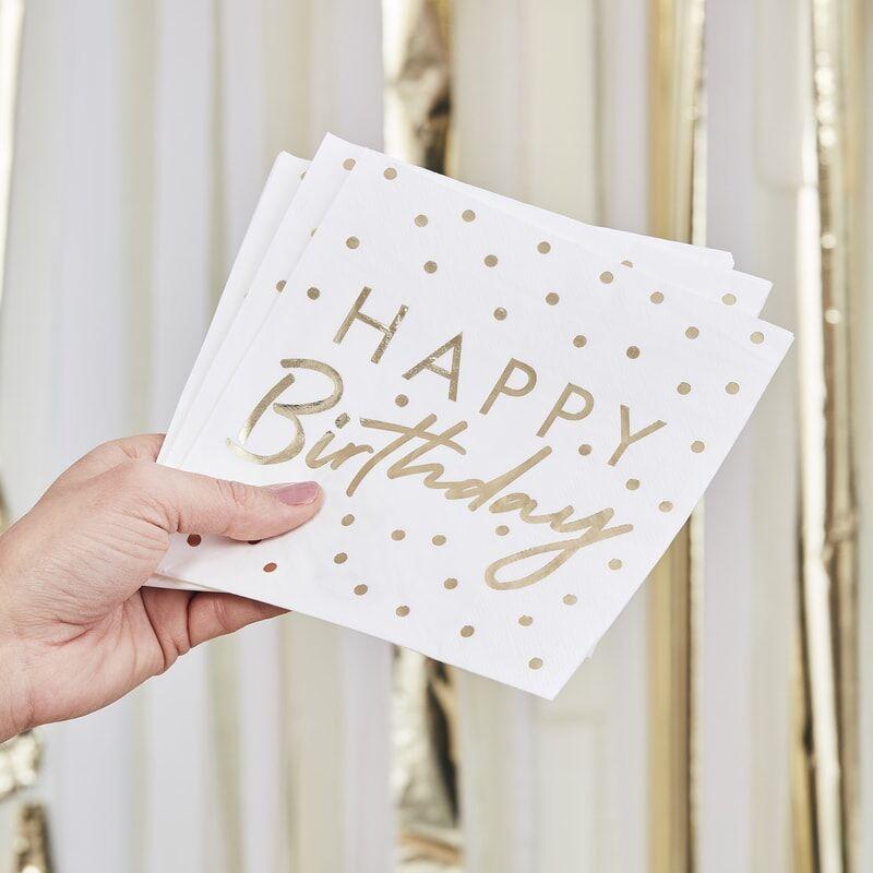 Servietter gull, Happy birthday – 16 stk