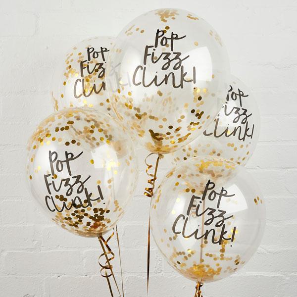 Ballonger med gullkonfetti, pop fizz clink – 5 stk