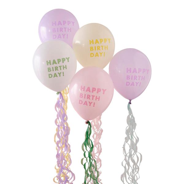 Pastellballonger med haler, happy birthday – 5 stk