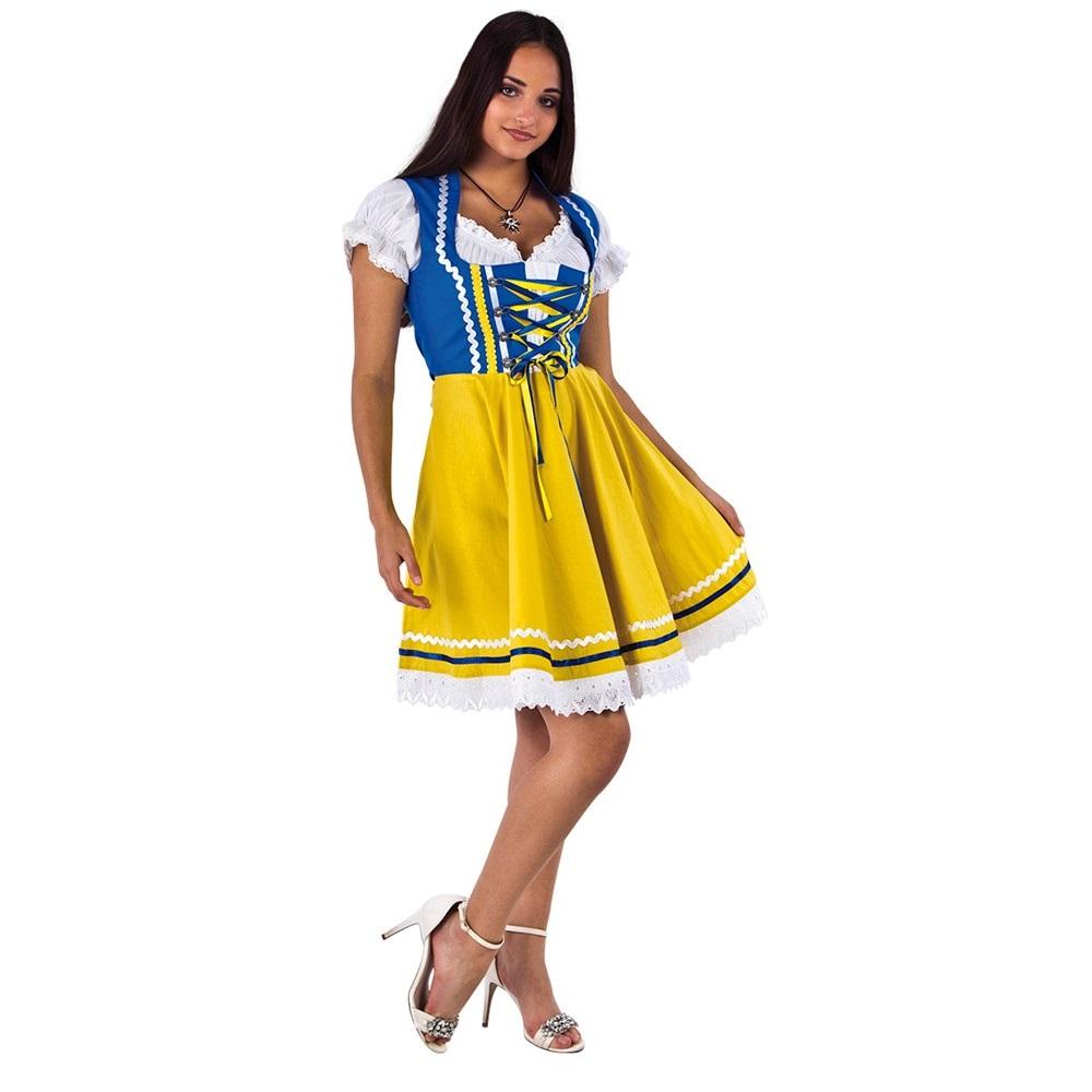 Oktoberfestkjole halvlang, blå og gul