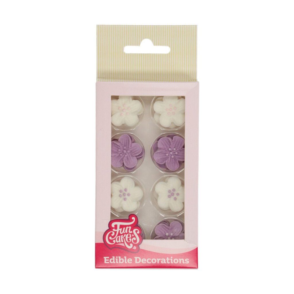 Spiselig kakedekor blomster, lilla og hvit - 24 stk