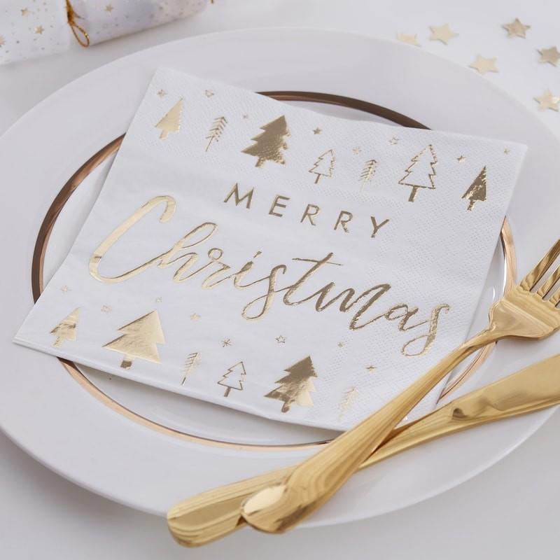 Servietter Merry Christmas, gull -16 stk