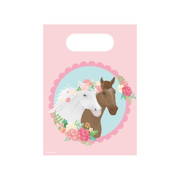 Godteposer papir, rosa med Hester - 6 stk