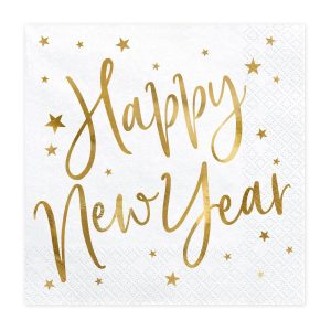 Servietter Happy New Year, gull og hvit – 20 stk