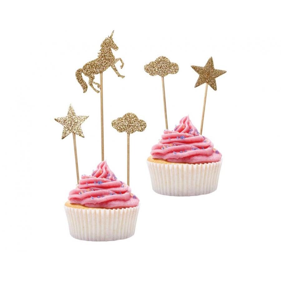 Cupcakepynt, enhjørning gullglitter - 5 stk