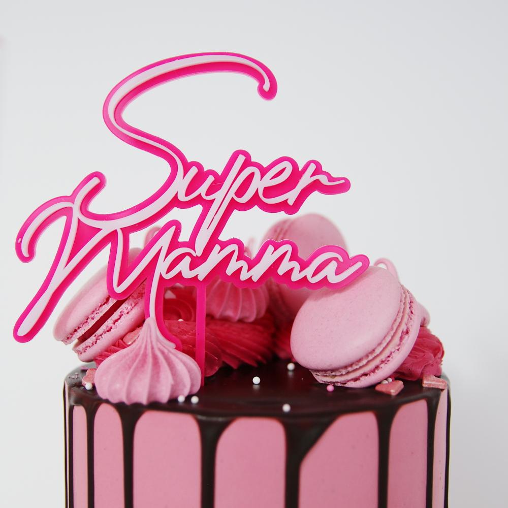 Kakepynt 2 lag, rosa - Super mamma