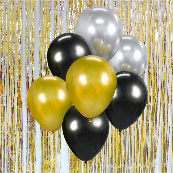Ballonger svart, gull og sølv – 7 stk