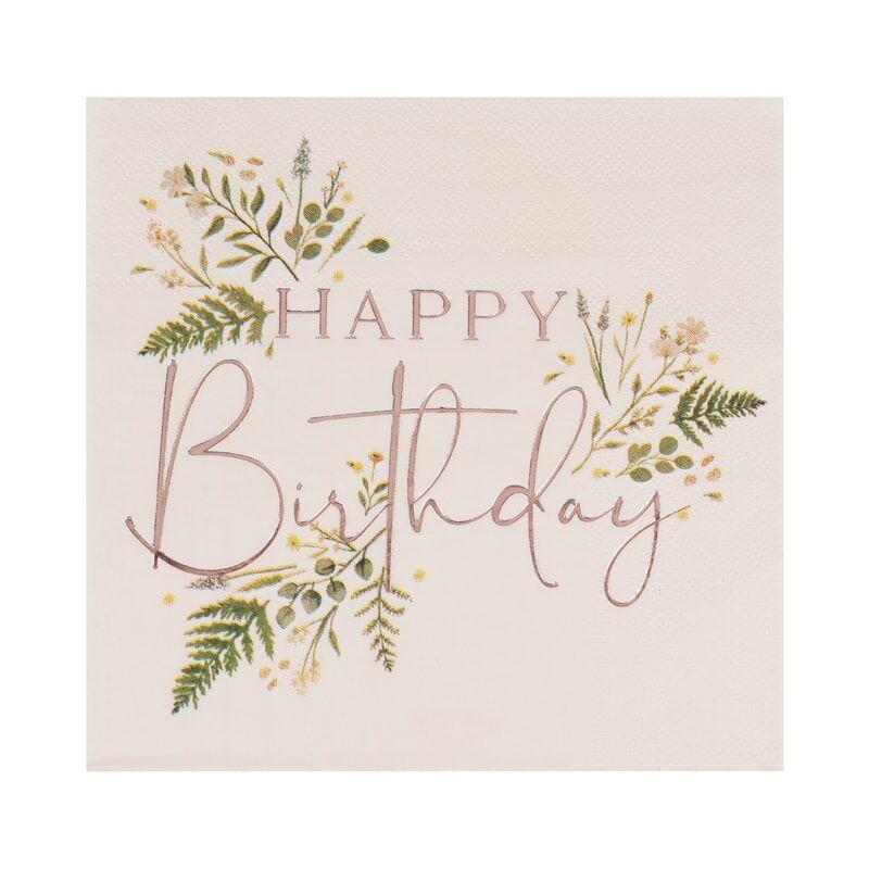 Servietter botanisk rosegull, Happy birthday – 16 stk