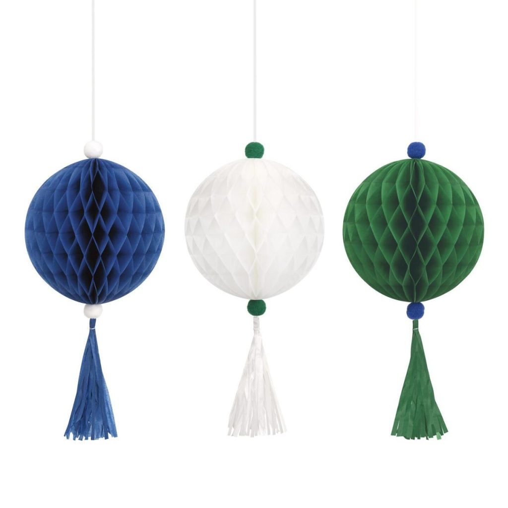Honeycombsett med tassels, grønn, hvit og blå – 3 stk