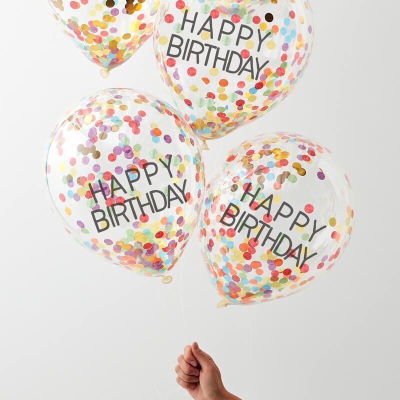 Konfettiballonger flerfarget, happy birthday – 5 stk
