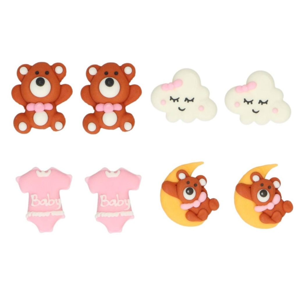 Spiselig kakedekor, Baby rosa og bamser - 8 stk